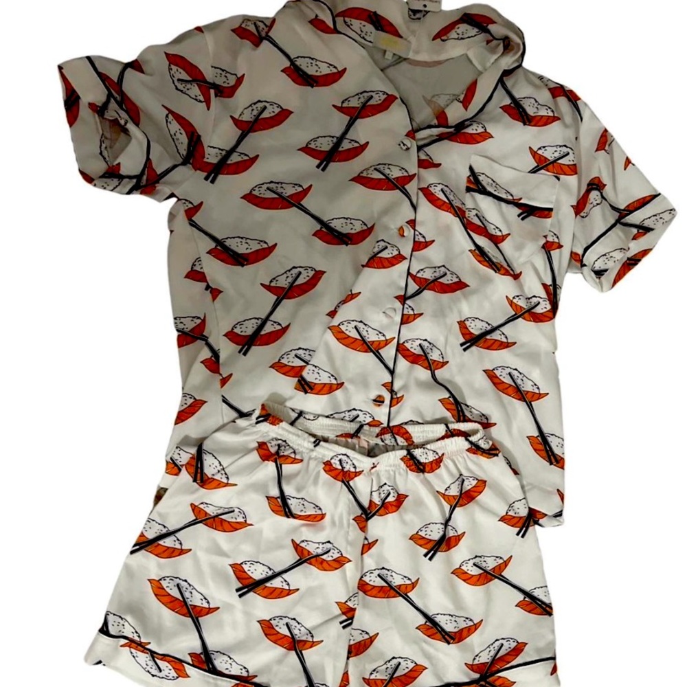Chic Women's Pajama Set - White and Orange Sushi Roll Print